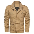 Men's khaki multi-pocket cotton cargo jacket with stand collar and outdoor embroidery - M / Khaki