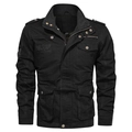 Schwarze Herren Baumwoll-Cargojacke mit mehreren Taschen, Stehkragen und Stickerei - M / Schwarz
