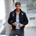 Men's black military bomber jacket featuring aviation themed embroidery and stand collar - M / Black