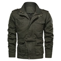 Men's dark green military cotton jacket featuring multi-pockets and stand collar - M / Army Green