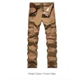 Men's khaki multi-pocket cargo pants in straight fit with a dark brown leather belt - EU 29 / Khaki