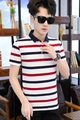 Men's striped cotton Polo shirt featuring classic navy collar and tricolor stripe pattern - M / Red