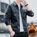 Chaqueta de hombre slim en cuero sintético negro con forro polar y bolsillos múltiples - M / Forro Polar / Negro