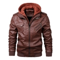 Men's brown faux leather motorcycle jacket with a detachable maroon hood and rib knit trim - S / Coffee/Red Hood