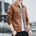Chaqueta de cuero marrón para hombre de corte ajustado con bolsillos y cremallera - M / Estándar / Amarillo Tierra