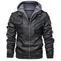 Men's black faux leather biker jacket featuring a grey detachable knit hood and zipper pockets - XL / Black/Grey Hooded