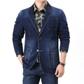 Veste de costume en jean bleu foncé pour homme avec coutures jaunes et poches plaquées - M / Bleu clair