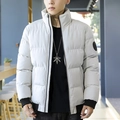 Men's winter stand collar padded jacket in light grey with arm badge and ribbed cuffs - M / Light Khaki