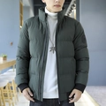 Men's dark green puffer jacket with stand collar, quilted design and arm badge detail - M / Army Green