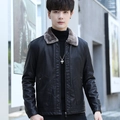Men's black faux leather winter jacket with brown faux fur collar and zip closure - M / Black