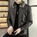 Men's vintage dark coffee leather jacket with gray faux fur collar and zip pockets - M / Khaki/Earth Yellow