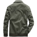Men's cotton military green cargo jacket with ribbed cuffs and hem, back view display - S / Green