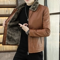 Men's brown leather jacket with warm grey faux fur lining and casual slim fit design - M / Coffee