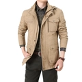 Men's khaki utility hooded jacket with multi-pocket design and durable fabric - M / Khaki