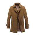 Classic men's long wool coat in camel brown featuring a lapel collar and stylish patterned lining - M / Brown