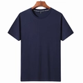 Navy blue short sleeve T-shirt with a round neck displayed on a wooden hanger - M / Blue