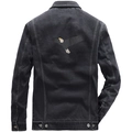 Mens slim fit dark gray denim jacket featuring a realistic eagle print on the back view - S / Black