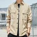 Casual khaki long sleeve cargo shirt for men featuring double chest pockets and printed design - M / Khaki