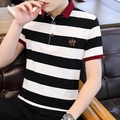 Men's striped cotton Polo shirt in black and white with contrast red collar and cuffs - M / Black Stripe