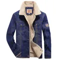 Men's dark blue denim jacket with thick sherpa lining and retro patches for winter - S / Denim Blue