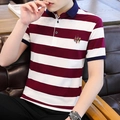 Men's red and white striped cotton Polo shirt with navy collar and chest embroidery - M / Wine Red Striped