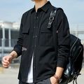 Camisa cargo negra de algodón para hombre con manga larga y bolsillos dobles en el pecho - M / Negro