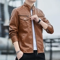 Men's slim fit brown faux leather jacket with stand collar and zipper pockets - M / Yellow