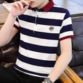 Men's striped cotton Polo shirt in navy and white with burgundy accents and embroidery - M / Navy Stripe