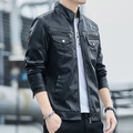 Men's slim fit black faux leather motorcycle jacket with multiple zipper pockets - M / Black