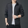 Men's business casual stand collar jacket in black with slim fit and metal zipper - M / Black