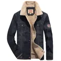 Men's dark blue denim jacket with thick sherpa lining and chest pockets in size M - S / Black Blue