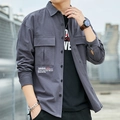 Camisa de trabajo holgada gris oscuro para hombre con manga larga y bolsillos cargo - M / Gris