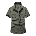 Camicia cargo da uomo a maniche corte in cotone verde militare con tasche sul petto e colletto - M / Verde Militare