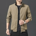 Men's khaki business casual jacket with stand collar and ribbed hem details - M / Khaki