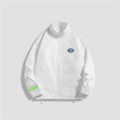 White casual stand collar jacket with chest logo and neon sleeve tag detail - M / Top (Victory Oval Patch Style) / White