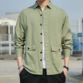 Men's olive green loose long-sleeve cargo shirt with large pockets and black buttons - M / Bean Green