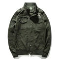 Army green military work jacket for men featuring multi-pocket utility design and patches - M / Army Green