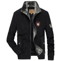 Men's winter corduroy jacket with thick gray faux fur lining and embroidered patches - S / Black