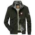 Men's dark green corduroy winter jacket with warm fleece lining and vintage patches - S / Army Green