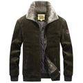 Men's winter corduroy jacket in dark olive green with warm faux fur collar and badge - M / Dark Army Green