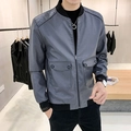 Slim fit men's grey faux leather bomber jacket with black ribbed cuffs and utility pockets - M / Gray