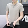 Slim fit men's round neck short sleeve T-shirt in light khaki cotton fabric - M / Khaki