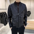 Slim fit black faux leather bomber jacket with ribbed cuffs and large utility pockets - M / Black
