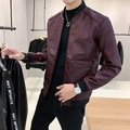 Men's slim fit PU leather jacket in burgundy red with baseball collar and large pockets - M / Burgundy