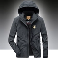 Men's casual dark grey hooded windbreaker jacket with a full zip and chest badge - S / Gray