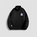 Men's black casual zip-up jacket featuring blue cartoon graphic and drawstring hem - M / Tops / Black