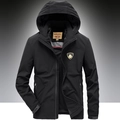 Men's black hooded windbreaker jacket with chest badge and adjustable drawstrings - S / Black