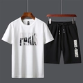 Men's summer casual two-piece tracksuit with white Paris print T-shirt and black shorts - M / White