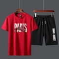 Men's summer red Paris printed t-shirt and black drawstring athletic shorts set - M / Red