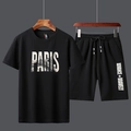 Black men's casual two-piece summer set with Paris Eiffel Tower graphic print - M / Black